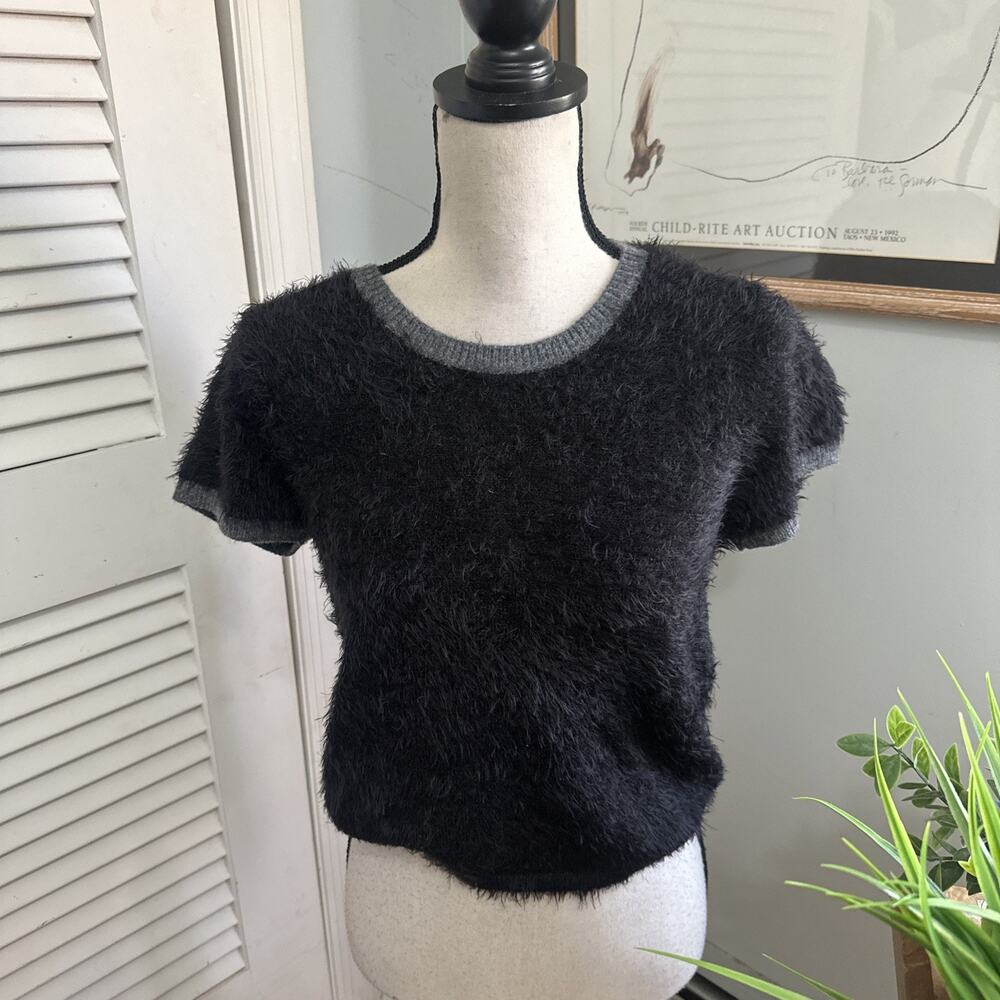 Natural Life Sweater Medium Black Fuzzy Eyelash Knit Short Sleeve Soft Girl Chic
